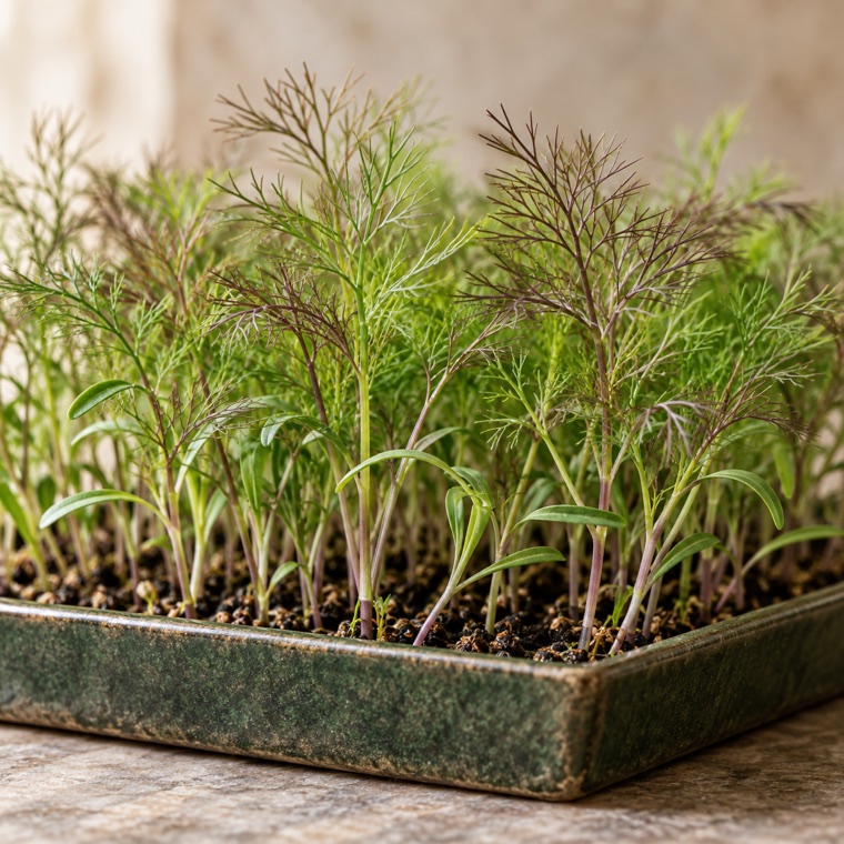 Bronze fennel microgreens growing in a tray