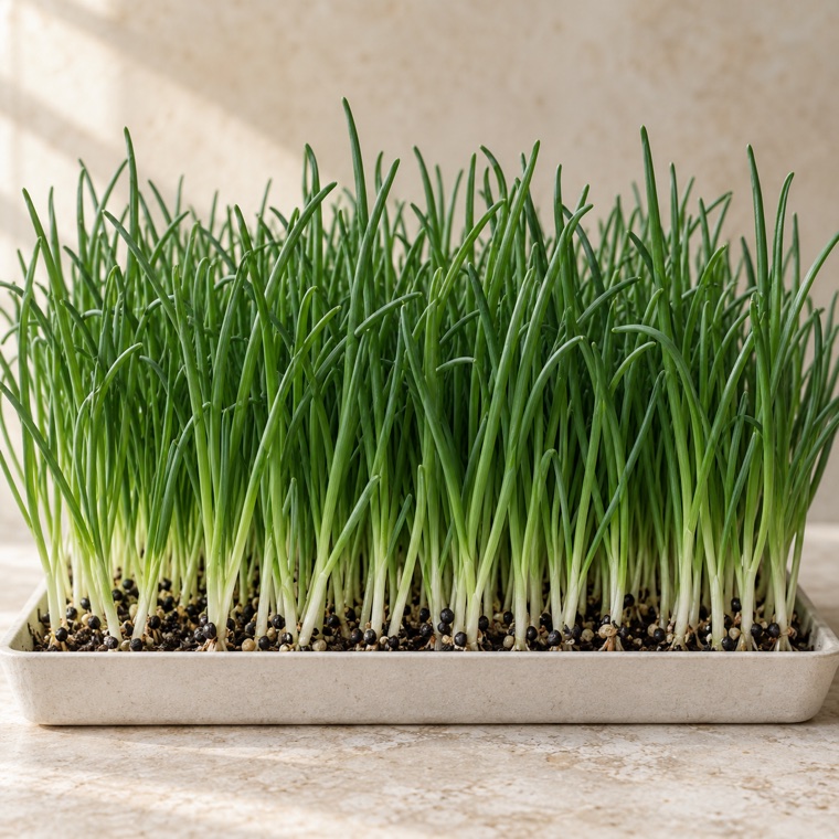 Bunching onion microgreens growing in a tray