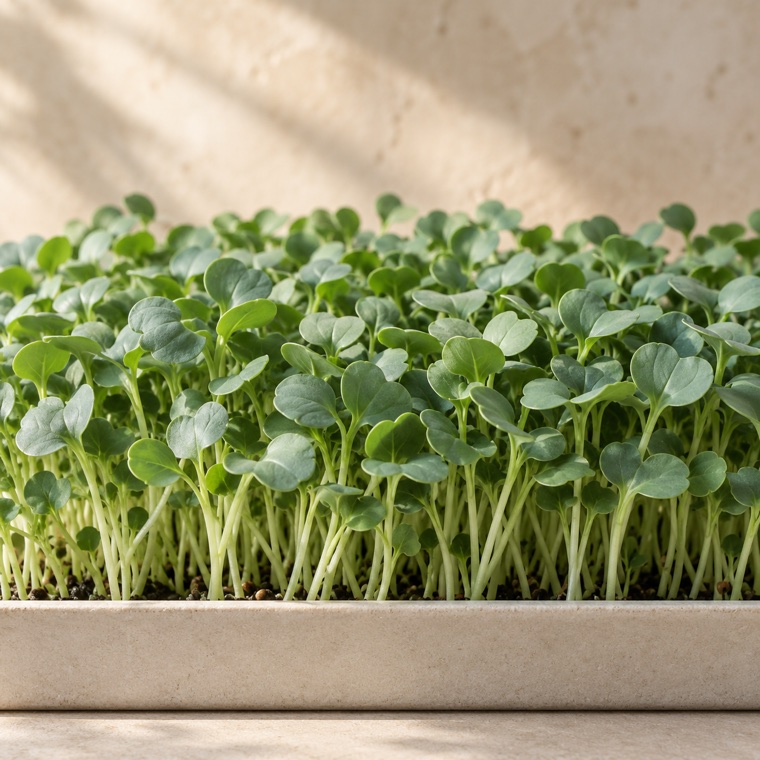 Cabbage microgreens growing in a tray