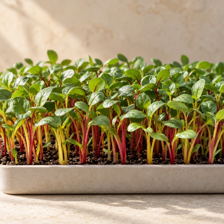 Swiss chard microgreens growing in a tray