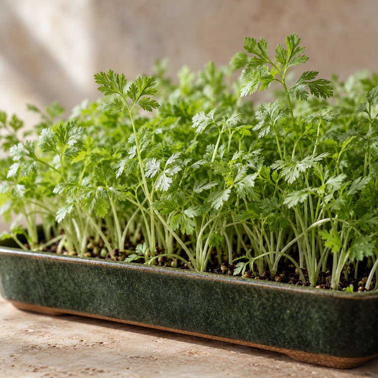 Chervil microgreens growing in a tray