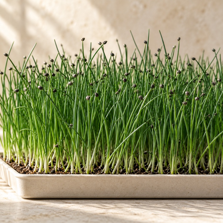 Chives microgreens growing in a tray