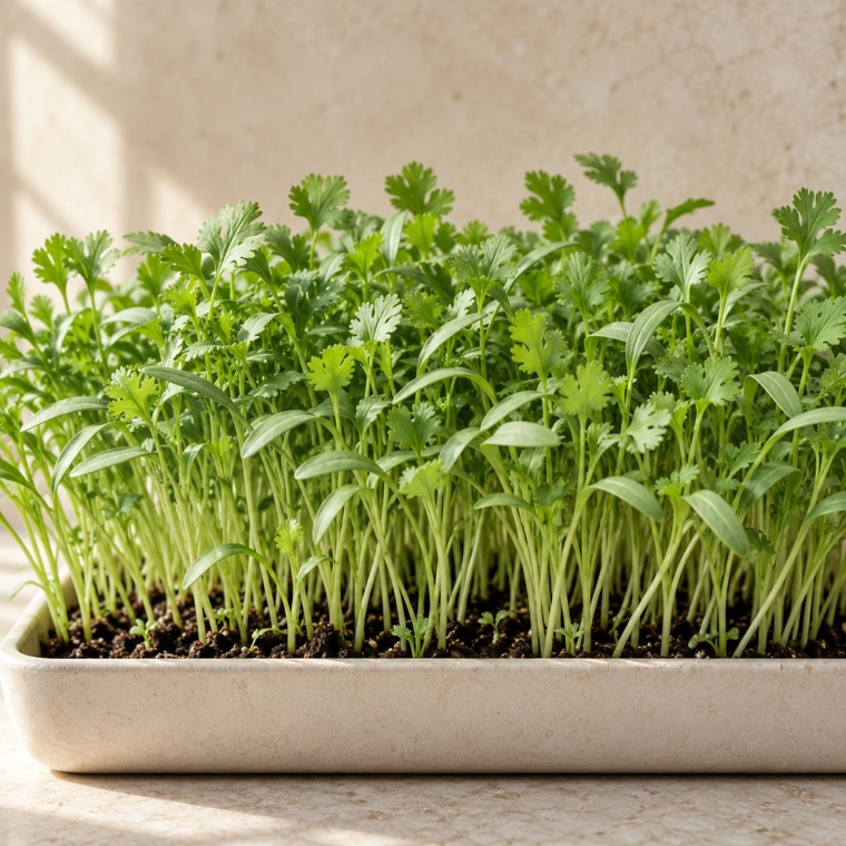 Cilantro microgreens growing in a tray