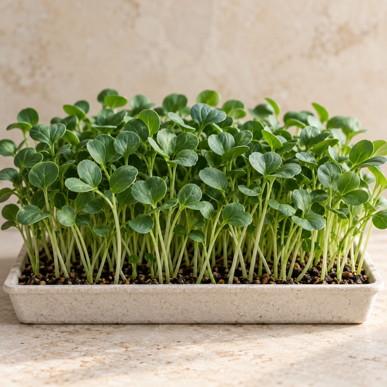 Collard greens microgreens growing in a tray
