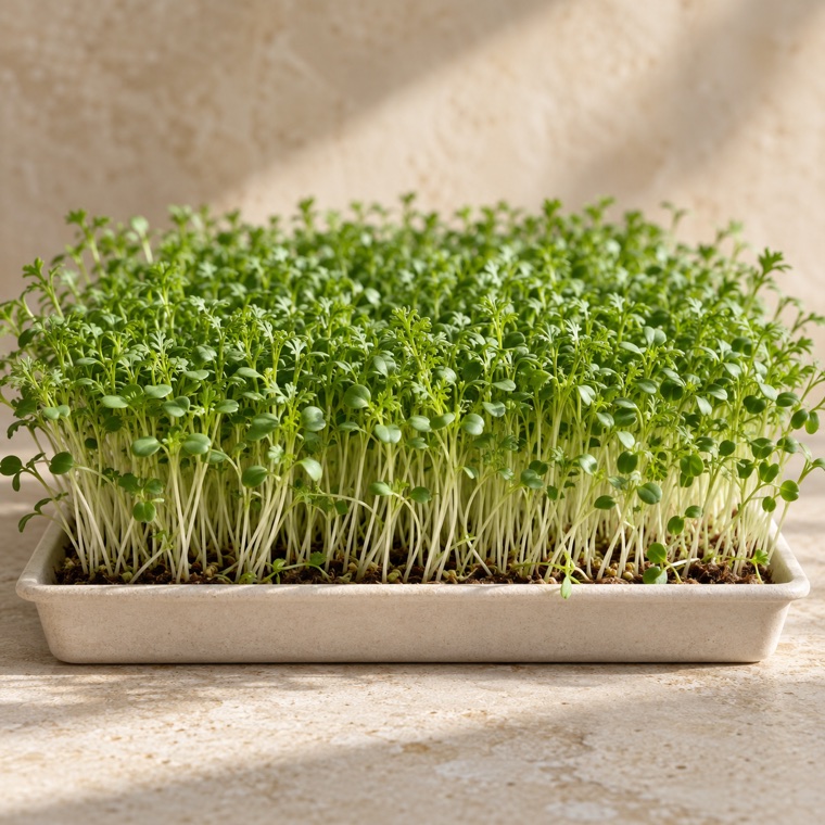 Curled cress microgreens growing in a tray