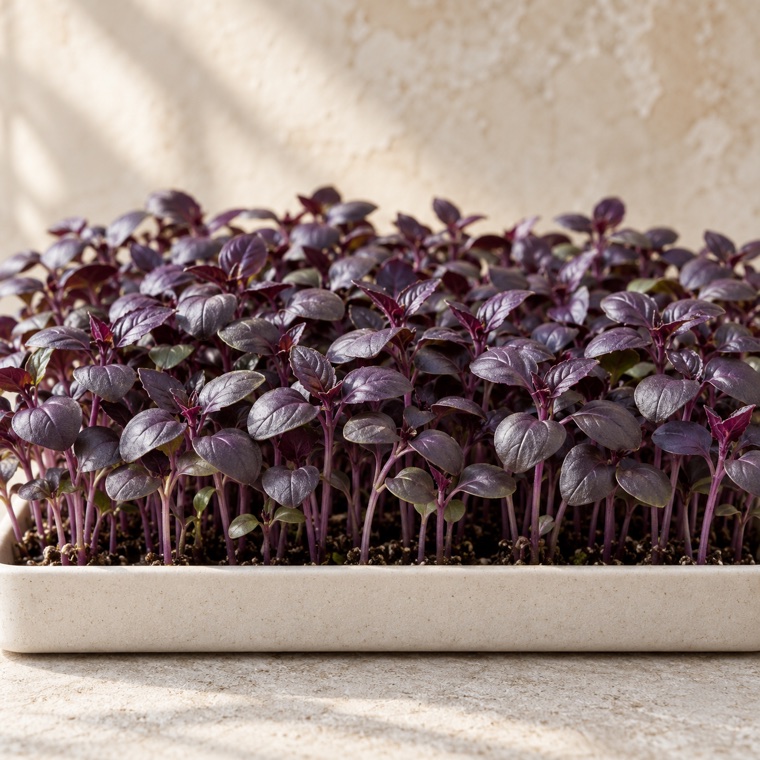 Dark Opal basil microgreens growing in a tray