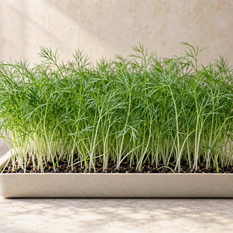 Dill microgreens growing in a tray