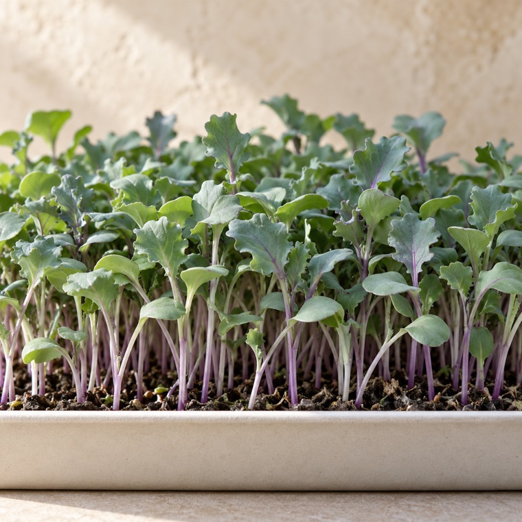 Kale microgreens growing in a tray