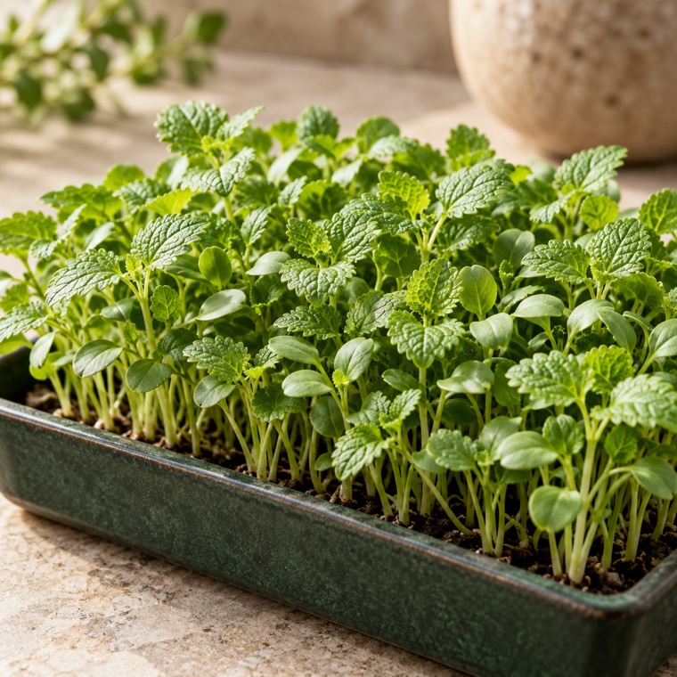 Lemon balm microgreens growing in a tray