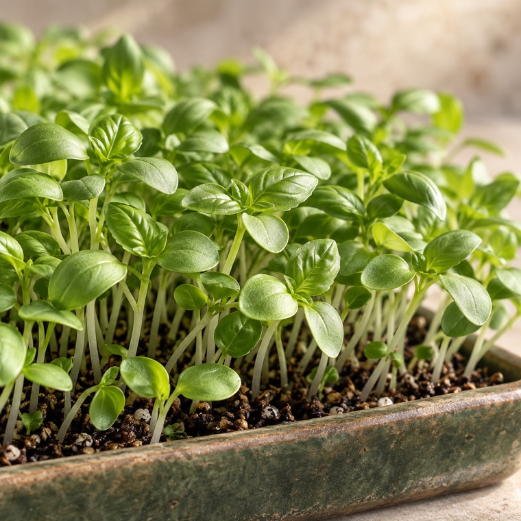 Lemon basil microgreens growing in a tray
