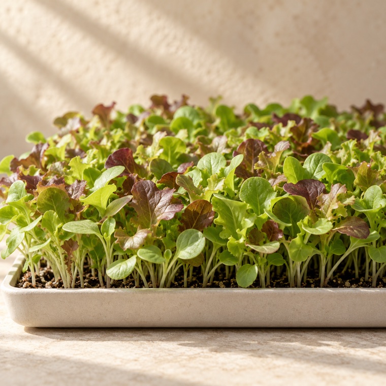 Lettuce microgreens growing in a tray