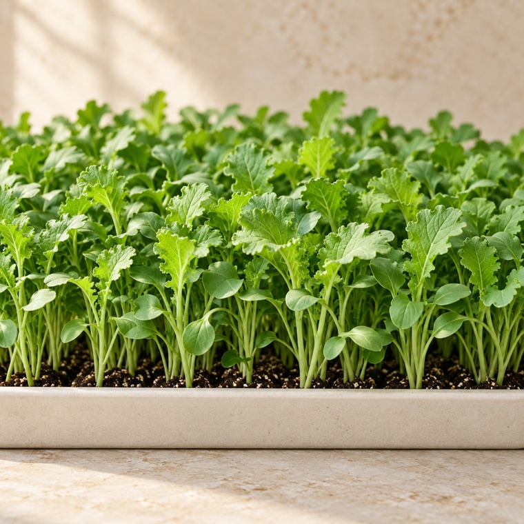 Mustard microgreens growing in a tray