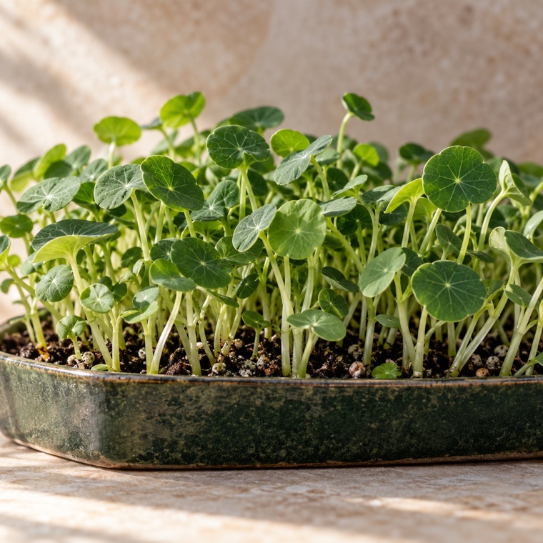 Nasturtium shoots microgreens growing in a tray