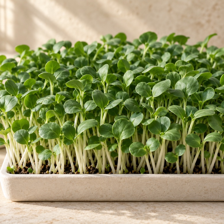 Pak choi microgreens growing in a tray