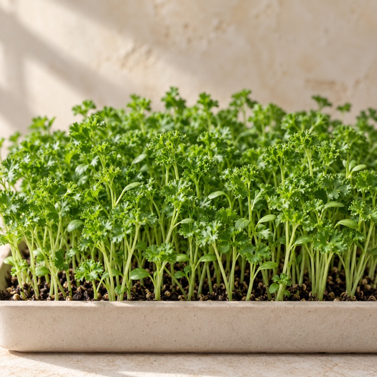 Curled parsley microgreens growing in a tray