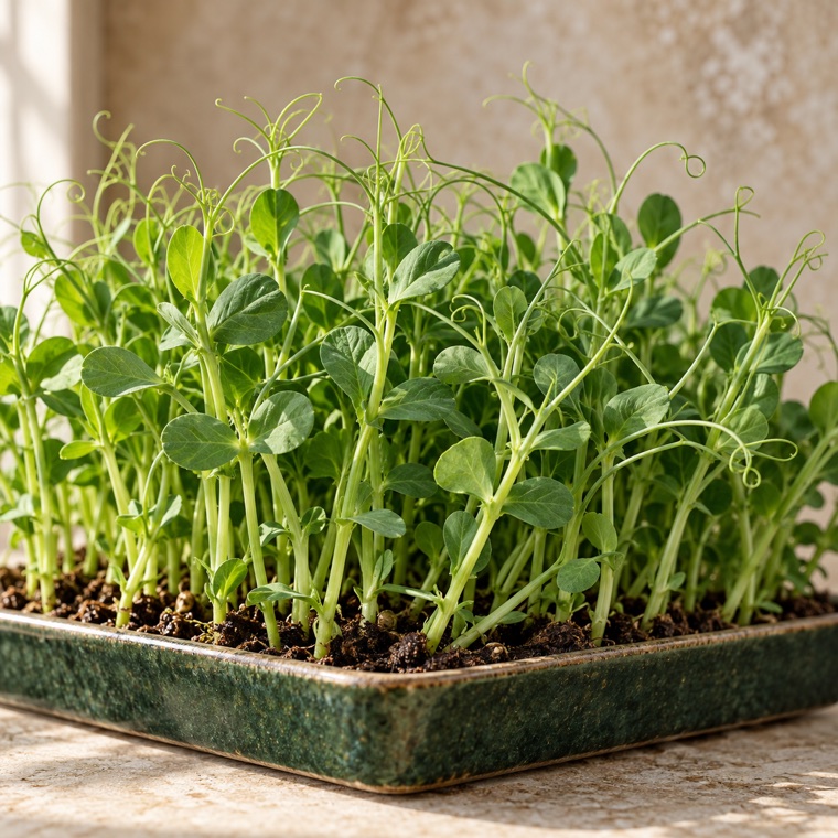 Pea shoots microgreens growing in a tray
