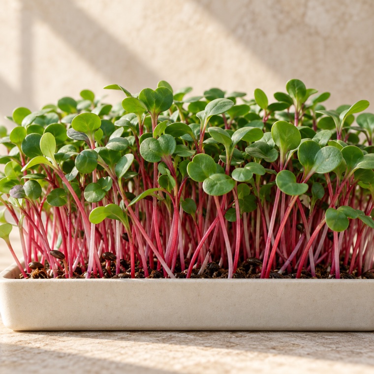 Radish microgreens growing in a tray