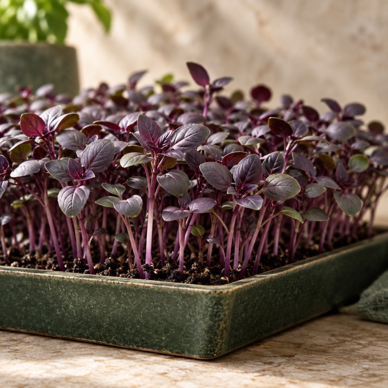 Red Rubin basil microgreens growing in a tray
