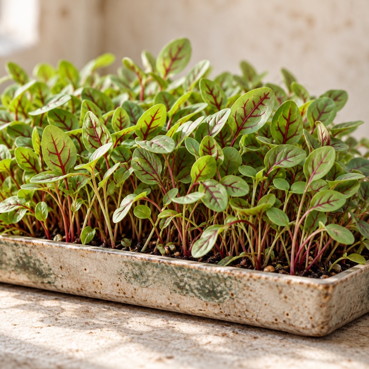 Red-veined sorrel microgreens growing in a tray