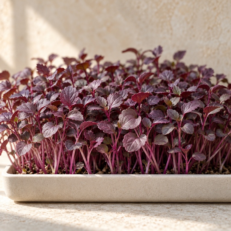 Red shiso microgreens growing in a tray