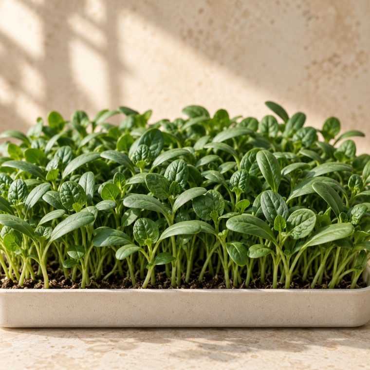 Spinach microgreens growing in a tray