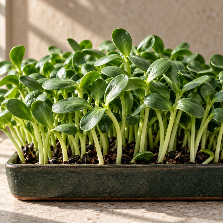 Sunflower shoots microgreens growing in a tray