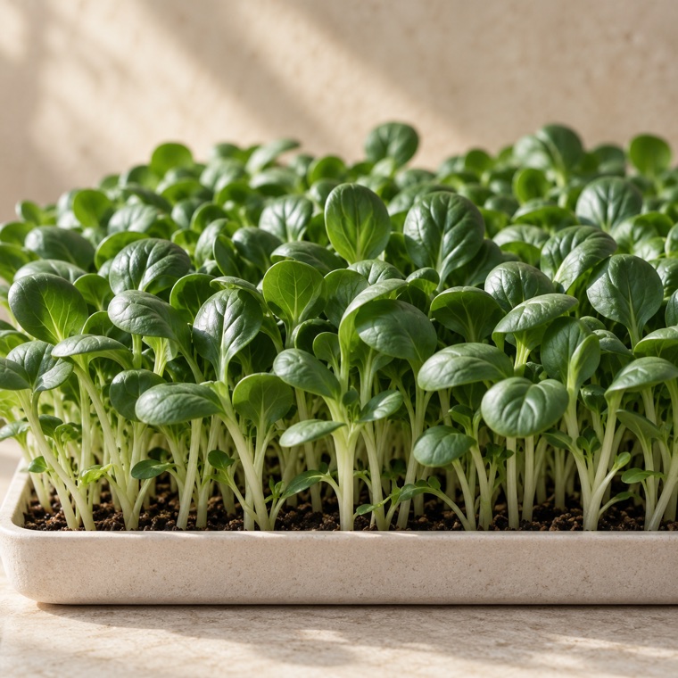 Tatsoi microgreens growing in a tray